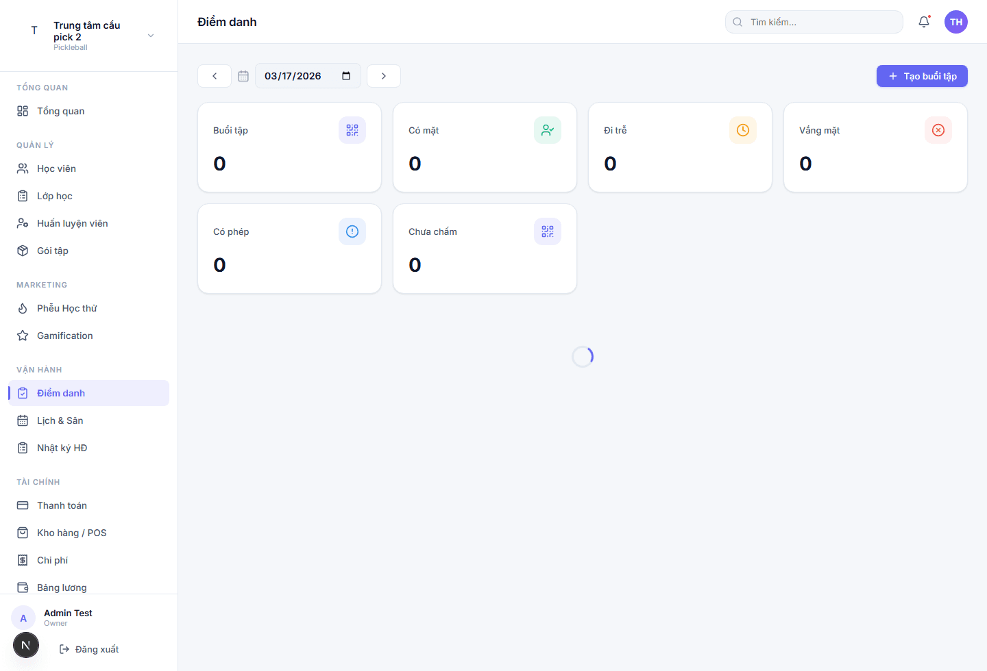 Ảnh chụp màn hình điểm danh và buổi tập của Sportivo