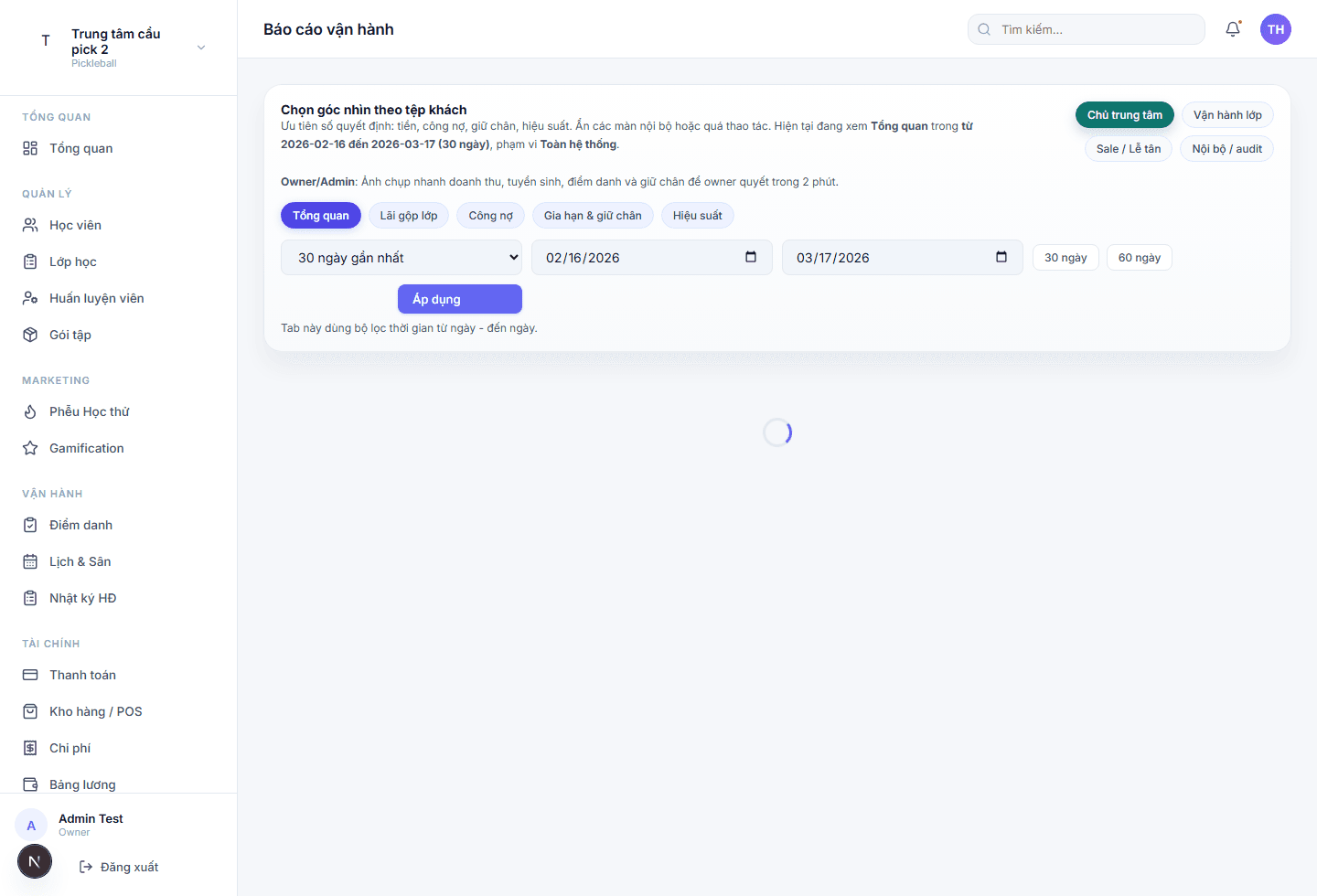 Ảnh chụp màn hình báo cáo vận hành của Sportivo